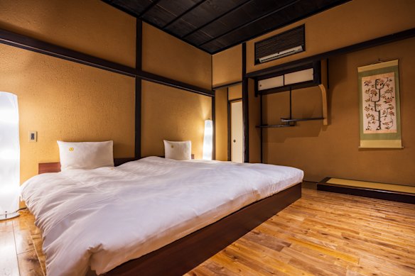 The double futons sit on a slightly raised platform.