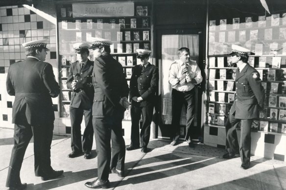 Police outside the bookshop in High Street, Thornbury where Maria  James was murdered.