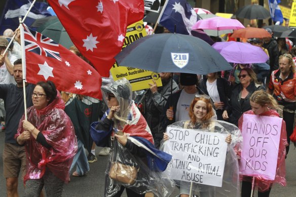 Protestors take part in an anti COVID-19 vaccination and ‘freedom’ rally at Hyde Park, Sydney on Saturday.