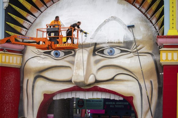 The Luna Park facade in St Kilda is being cleaned before the grand re-opening.
