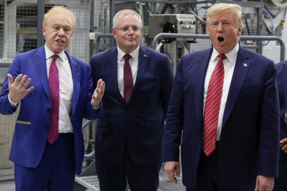 Anthony Pratt, then-Australian prime minister Scott Morrison and then-US president Donald Trump at a Pratt factory in Ohio in 2019.