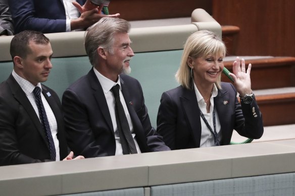 Olivia Newton-John is welcomed by the Speaker during Question Time at Parliament House in 2019.