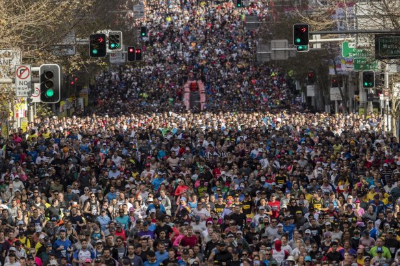 Runners make their way along William Street during the 2019 City2Surf.