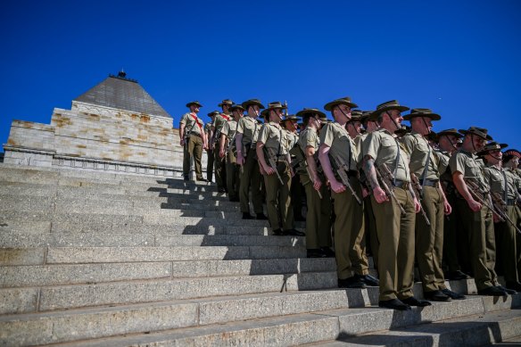 Soldiers from the Australian Army 4th Brigade 2nd Division attend Anzac Day at Melbourne’s Shrine of Remembrance.
