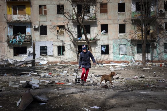 A man walks with his dog near an apartment building damaged by shelling from fighting on the outskirts of Mariupol, Ukraine, in territory under control of the separatist government of the Donetsk People’s Republic.