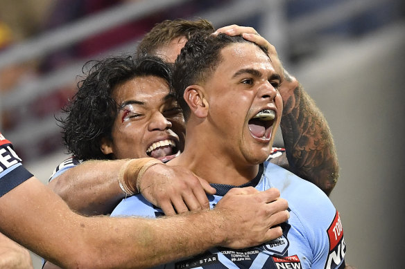 Latrell Mitchell and Brian To’o celebrate in style.
