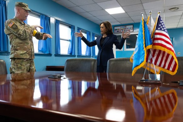 Kamala Harris visits the UN Command Military Armistice Commission conference buildings at the truce village of Panmunjom in the Demilitarised Zone.