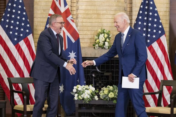 Albanese burst out laughing, as did most others in the room, before Biden reached out to shake his hand.