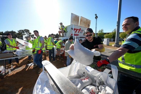 Sandbagging in Shepparton on Saturday.