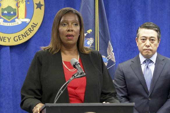 New York Attorney-General Letitia James announces the results of the investigation, alongside former US Attorney Joon Kim.