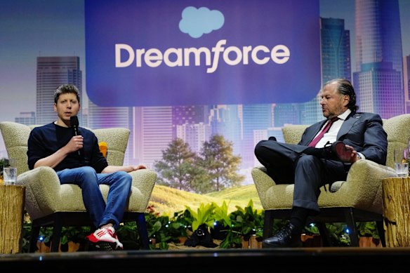 Sam Altman, chief executive officer and co-founder of OpenAI, and Marc Benioff, chief executive officer of Salesforce.