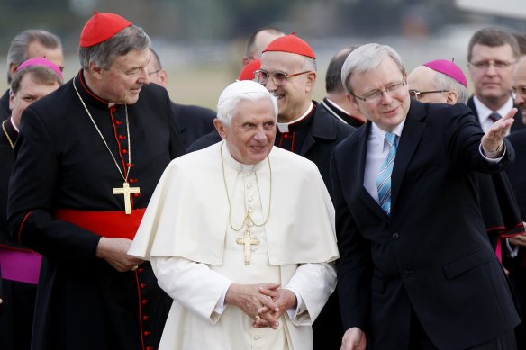World Youth Day 2008: Cardinal George Pell with Pope Benedict XVI and Prime Minister Kevin Rudd upon the Pope’s arrival in Australia.