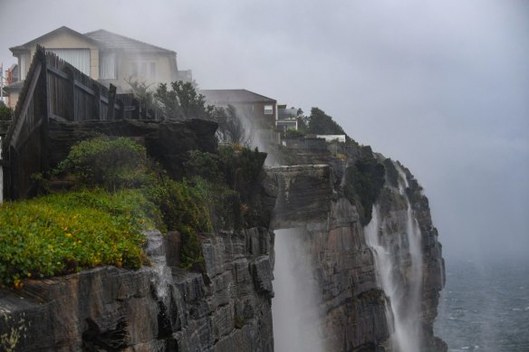 Dover Heights and Diamond Bay looking south from Vaucluse. Storm water is blown back by strong winds that are battering Sydney’s coastline.