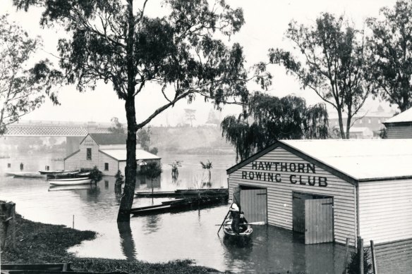 Hawthorn Rowing Club is submerged during the floods.
