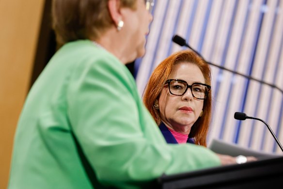 Michelle Bachelet, Chile’s former president and candidate to be secretary-general of the United Nations, left, and María Fernanda Espinosa, former president of the United Nations General Assembly and candidate to be secretary-general of the United Nations in New York, US, on Thursday, July 23, 2026. 