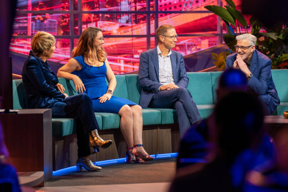 The guests on the first episode were, from left, astrophysicist Kirsten Banks, Thai cave rescuer Dr Richard Harris and comedian Shaun Micallef. 