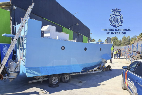 The home-made submarine sits outside a warehouse in Malaga, Spain.