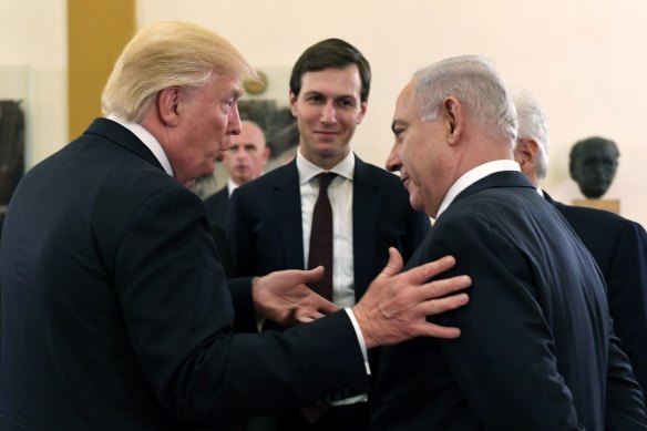 From left, then-president Donald Trump, his White House senior adviser Jared Kushner and Israeli Prime Minister Benjamin Netanyahu in Jerusalem in 2017.