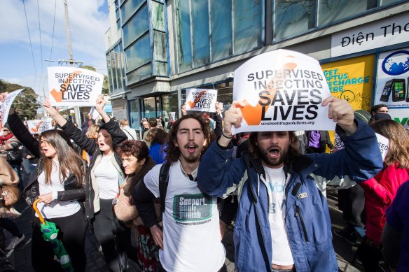 Supporters of Victoria’s first safe-injecting room rally in Richmond in 2017.