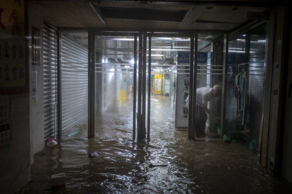 The entrance to a shopping centre in Hong Kong after record rains on Friday.