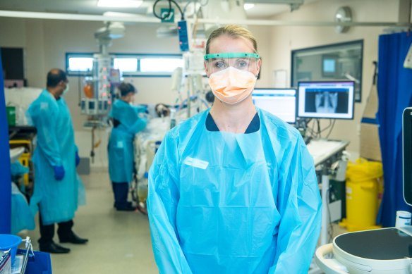 ICU nurse Kristy Ross, who works with intubated COVID-19 patients at the Austin Hospital. Public hospitals have been largely shielded from the price hikes.