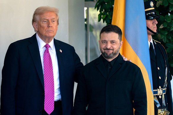 Volodymyr Zelensky with Donald Trump outside the White House.