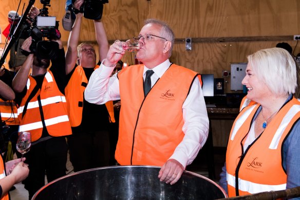 Whisky tipple: Prime Minister Scott Morrison visits the Lark Distillery in Hobart with the local Liberal candidate Susie Bower. 