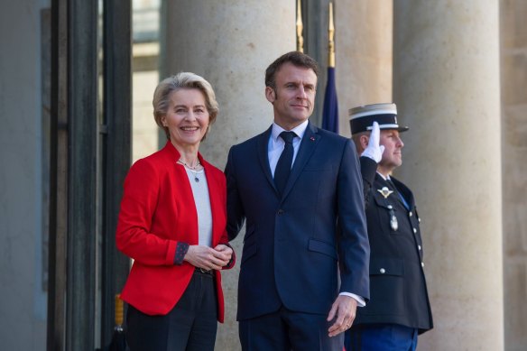 Emmanuel Macron, France’s president, right, welcomes Ursula von der Leyen, president of the European Commission, to the Elysee Palace in Paris on Monday. They will both be in Beijing at the same time.