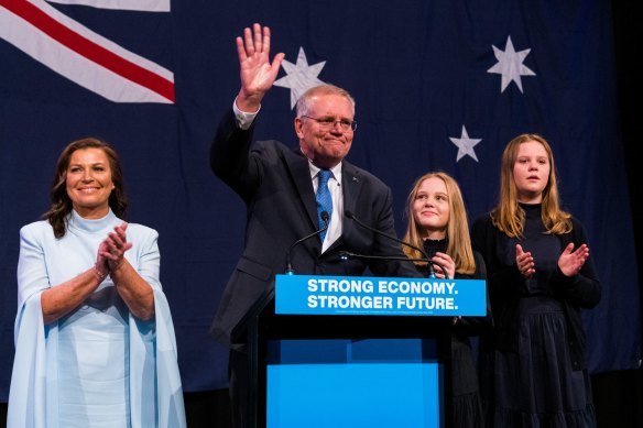 Scott Morrison, flanked by ‘Jen-and-the-girls’, concedes defeat on election night in May 2022.