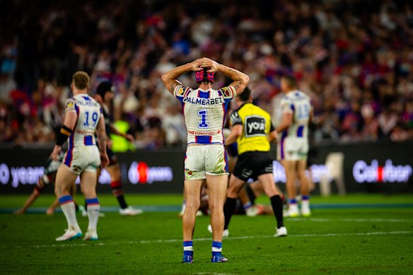 Kalyn Ponga holds his head at fulltime, with the Knight pipped 19-18.