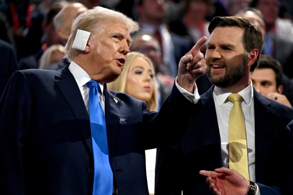 Former US president Donald Trump, left, and his new running mate Senator J.D. Vance.
