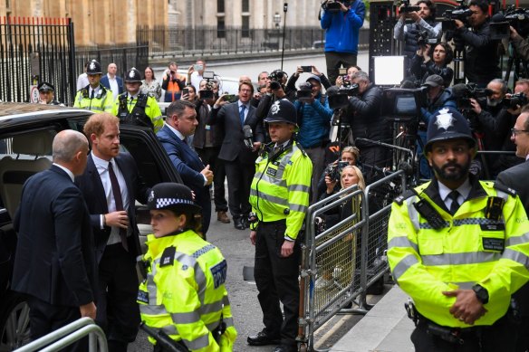 Prince Harry arrives to testify in his High Court case against Mirror Group Newspapers at The Rolls Building in London.
