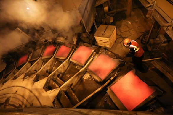 BHP makes square sheets of copper metal at Olympic Dam in South Australia.