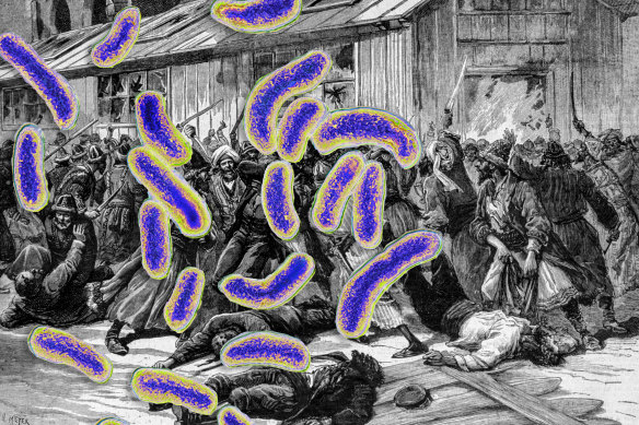 The cholera bacteria superimposed on riots over quarantine measures in Astrakhan, Russia in 1892.