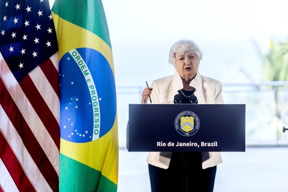 Janet Yellen, US Treasury secretary, at a news conference during the G20 finance ministers and central bank governors meeting in Rio de Janeiro, Brazil.