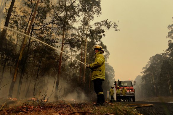 Northern Territory Fire and Rescue firefighter Luke Ezzy contains a blaze beside the Princes Highway near Nowra in NSW. 