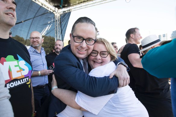 Qantas chief Alan Joyce and comedian Magda Szubanski   celebrate the Yes vote on marriage equality in 2017.  