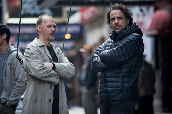 Michael Keaton and Alejandro Gonzalez Inarritu on the set of Birdman.