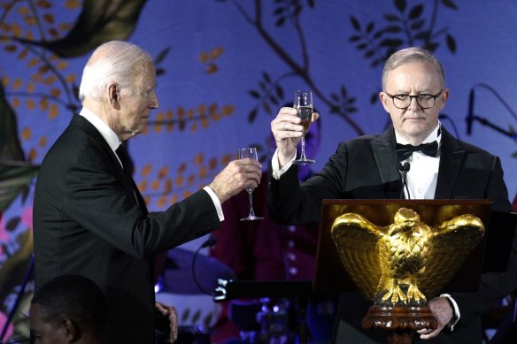 US President Joe Biden shares a toast with Anthony Albanese in Washington last year.