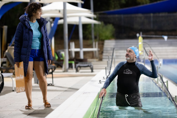 Actors Kylie Bracknell and Geoff Kelso during rehearsals for The Pool.