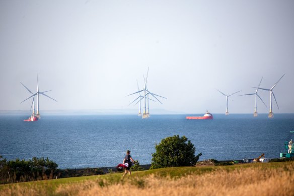 The Aberdeen Bay Wind Farm, beyond the Nigg Bay Golf Club in Aberdeen, Scotland.