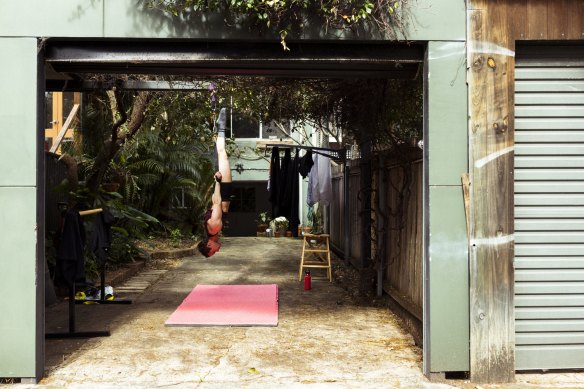 Aerial Acrobat Alex York trains in his backyard in Darlington.