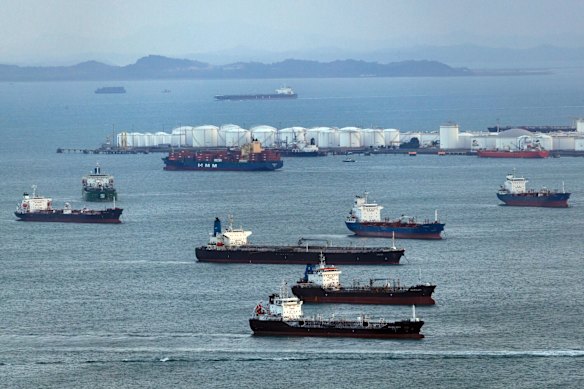 Oil tankers lining up at Singapore’s fuel refineries. 