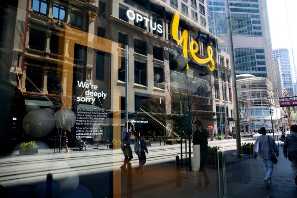 Optus uses its store front in George Street Sydney to apologise to customers following a cyberattack and data breach last year.