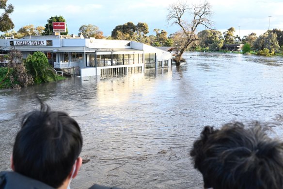 Floodwaters rise into businesses in the Melbourne suburb of Maribyrnong. 