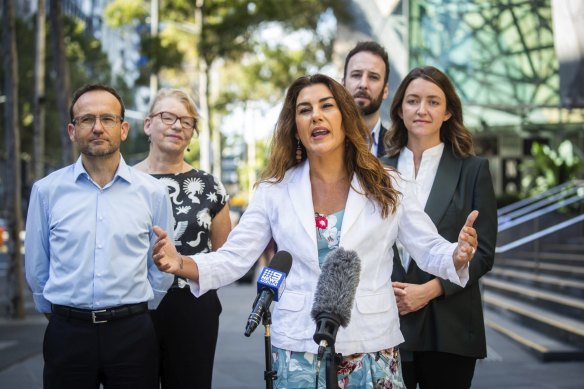 Lidia Thorpe’s view on treaty put her at odds with many Greens members and voters. She is pictured here with (from left) Greens leader Adam Bandt, Senator Janet Rice and Greens candidates.  