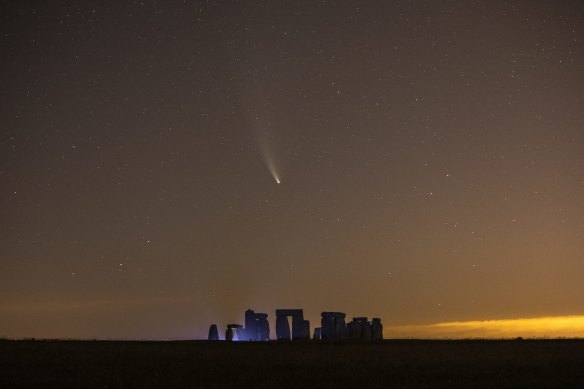 Comet NEOWISE passes over Stonehenge in the early hours of July 21  in Salisbury, England. 