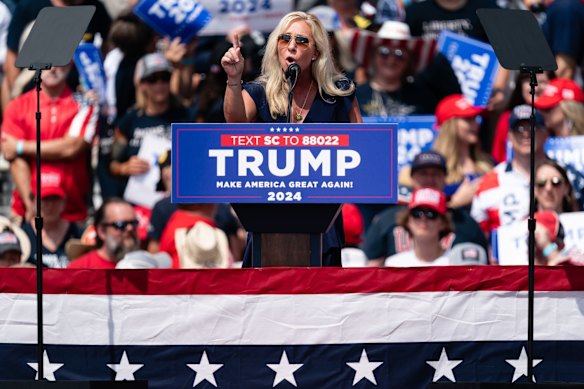 Representative Marjorie Taylor Greene speaks during a campaign event for Donald Trump in 2023.
