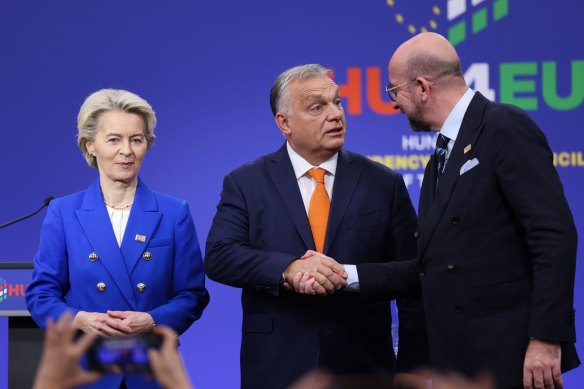 From left: European Commission president Ursula von der Leyen, Hungarian Prime Minister Viktor Orban and European Council president Charles Michel at an EU summit in Budapest on Friday. 