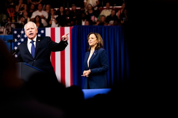 Tim Walz and Kamala Harris during a campaign event in Philadelphia on August 6.